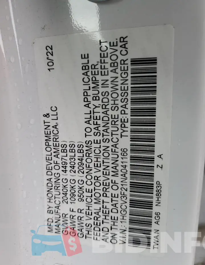1HGCV3F21NA041166 Photo# 12