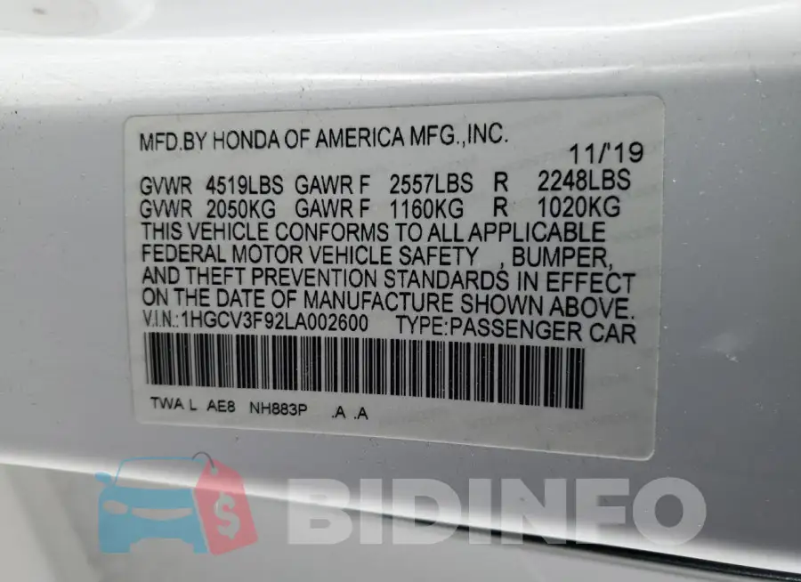 1HGCV3F92LA002600 Photo# 13