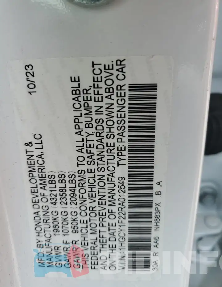 1HGCY1F22RA012549 Photo# 12