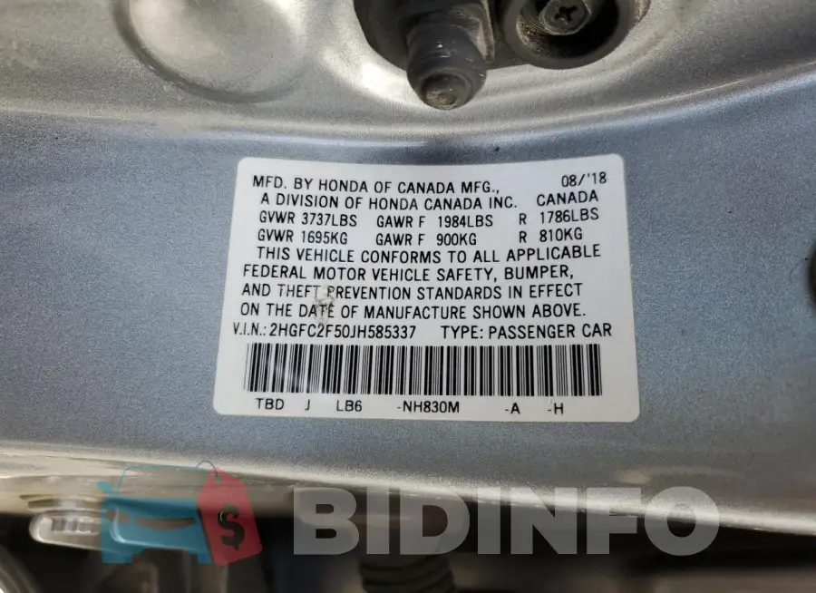 2HGFC2F50JH585337 Photo# 12