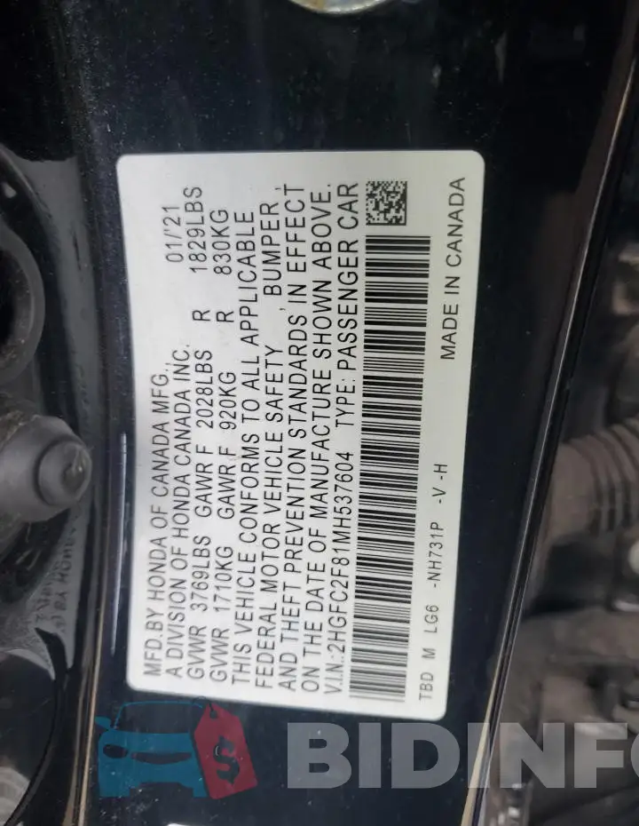 2HGFC2F81MH537604 Photo# 12
