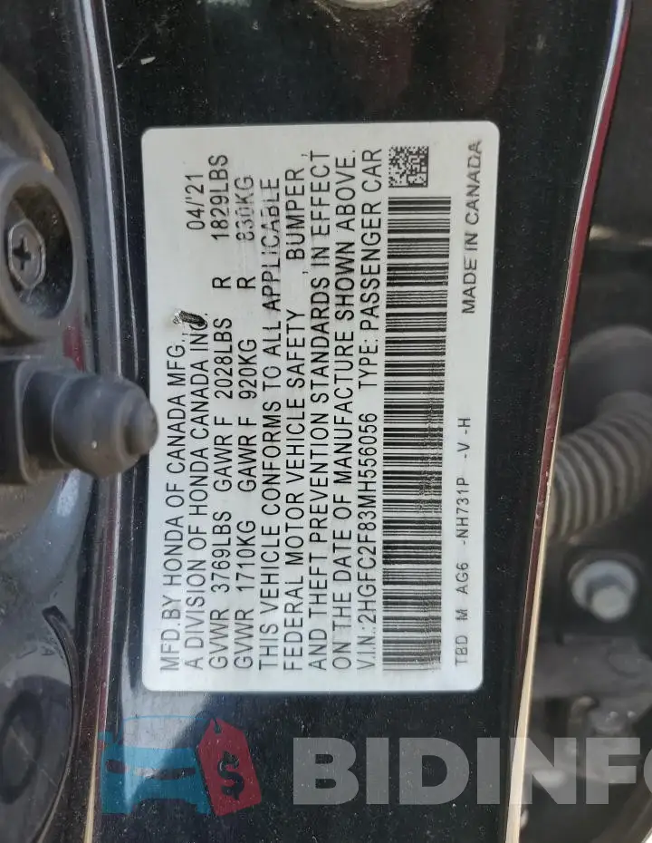 2HGFC2F83MH556056 Photo# 13