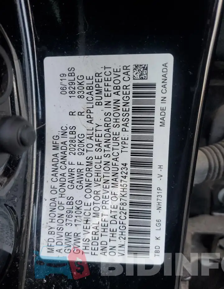 2HGFC2F87KH574234 Photo# 12