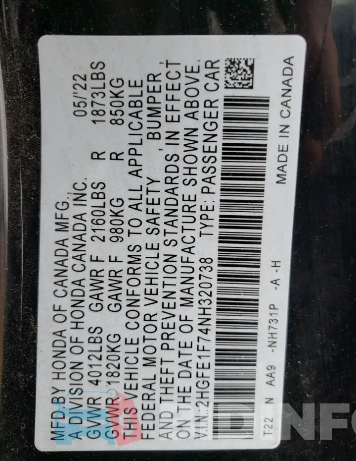 2HGFE1F74NH320738 Photo# 12