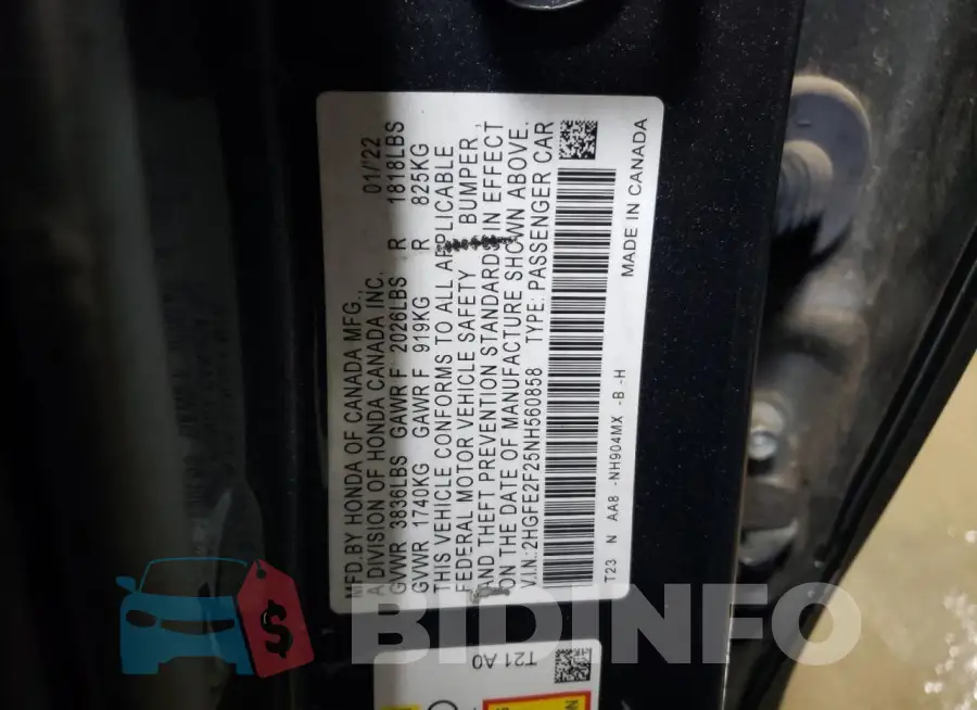 2HGFE2F25NH560858 Photo# 13