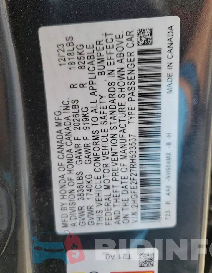 2HGFE2F27RH533537 Photo# 13
