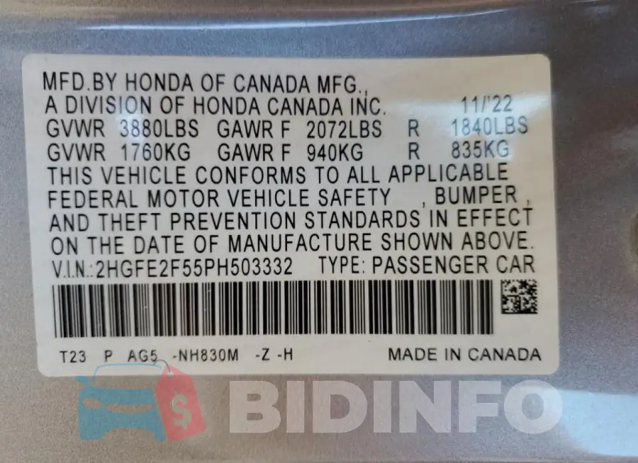 2HGFE2F55PH503332 Photo# 12
