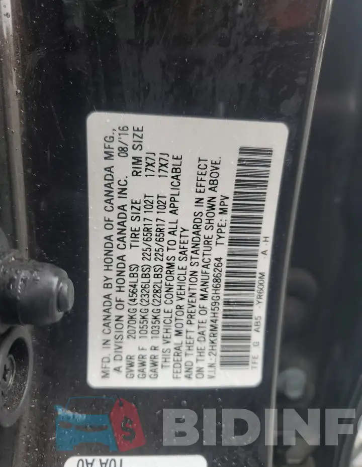2HKRM4H59GH686264 Photo# 14