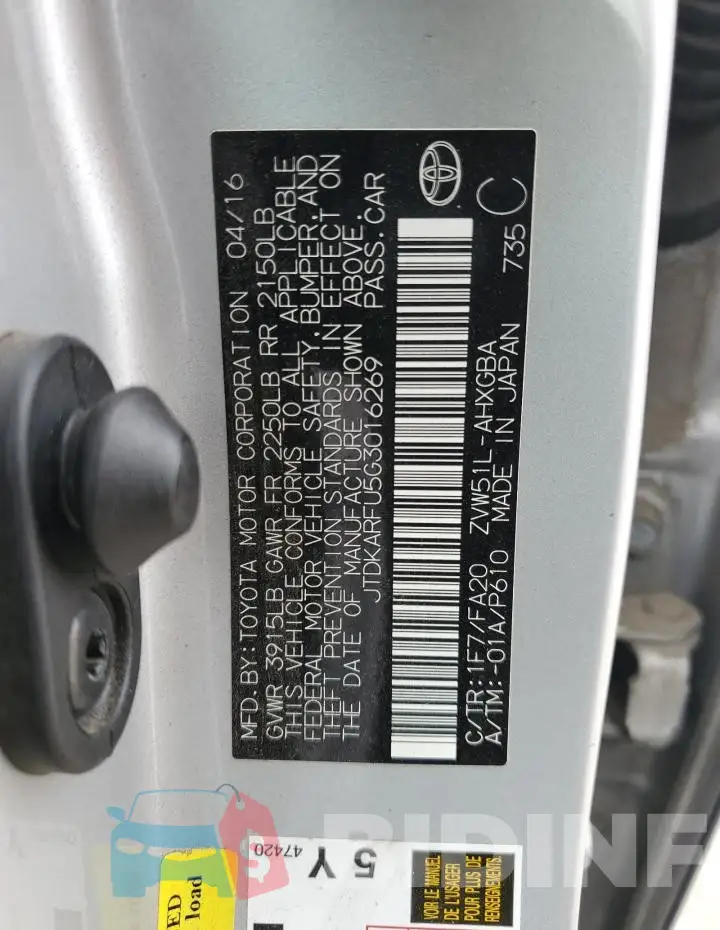 JTDKARFU5G3016269 Photo# 12