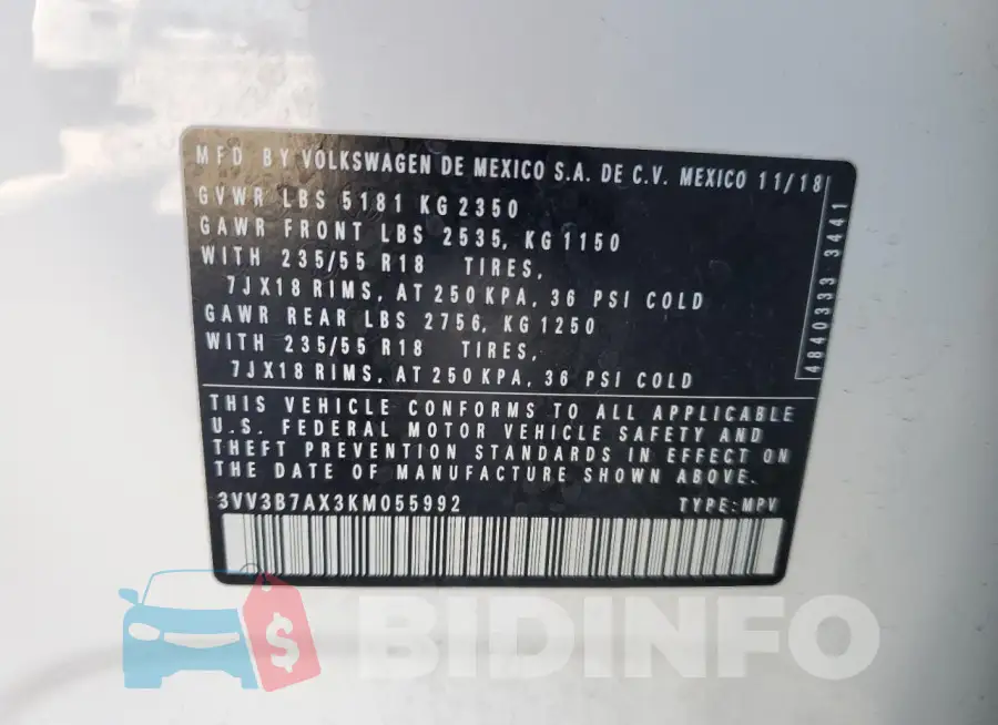 3VV3B7AX3KM055992 Photo# 14