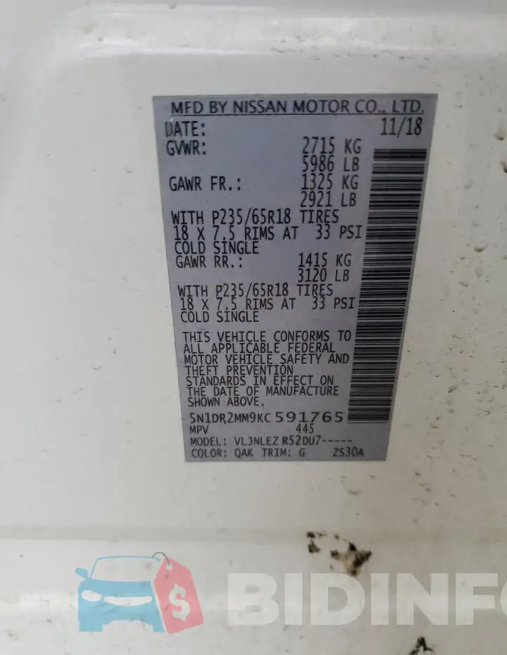 5N1DR2MM9KC591765 Photo# 12