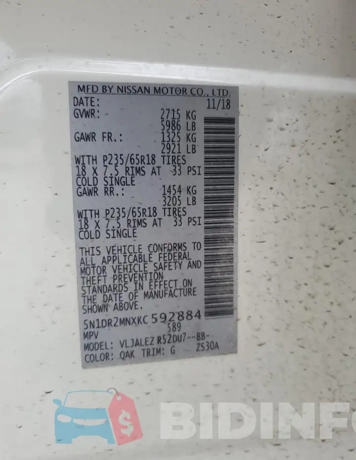 5N1DR2MNXKC592884 Photo# 12