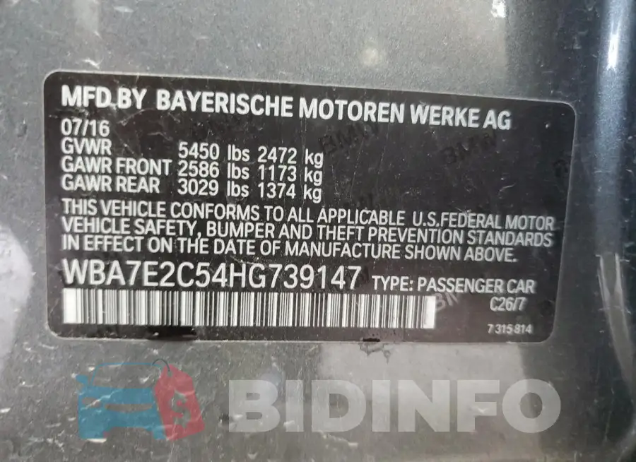 WBA7E2C54HG739147 Photo# 12