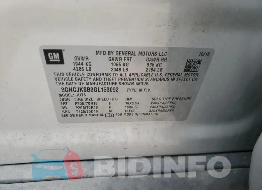 3GNCJKSB3GL153092 Photo# 13