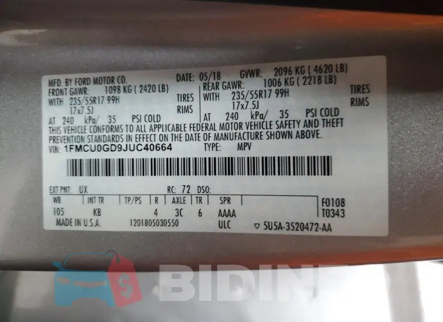 1FMCU0GD9JUC40664 Photo# 13