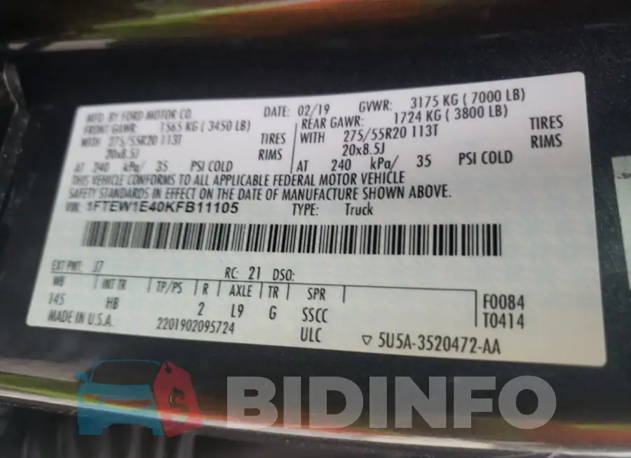 1FTEW1E40KFB11105 Photo# 12