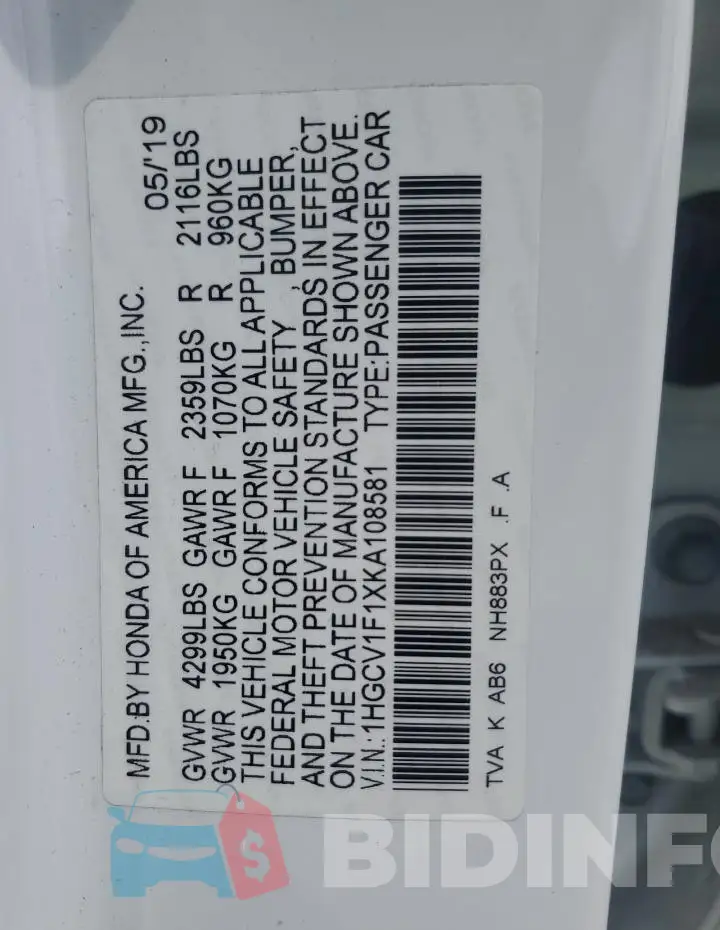 1HGCV1F1XKA108581 Photo# 12