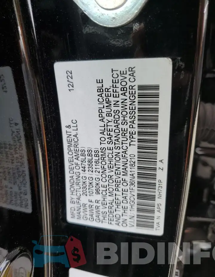 1HGCV1F36NA118210 Photo# 12