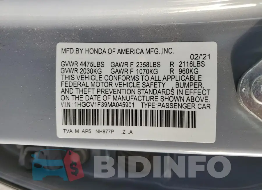 1HGCV1F39MA045901 Photo# 13