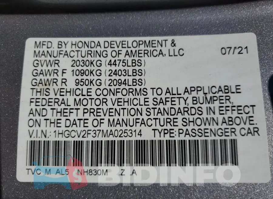 1HGCV2F37MA025314 Photo# 13