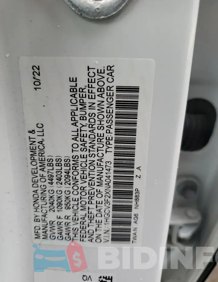 1HGCV3F2XNA041473 Photo# 12