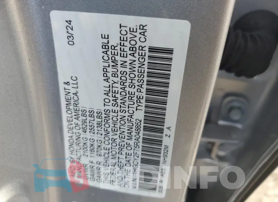1HGCY2F75RA048852 Photo# 12