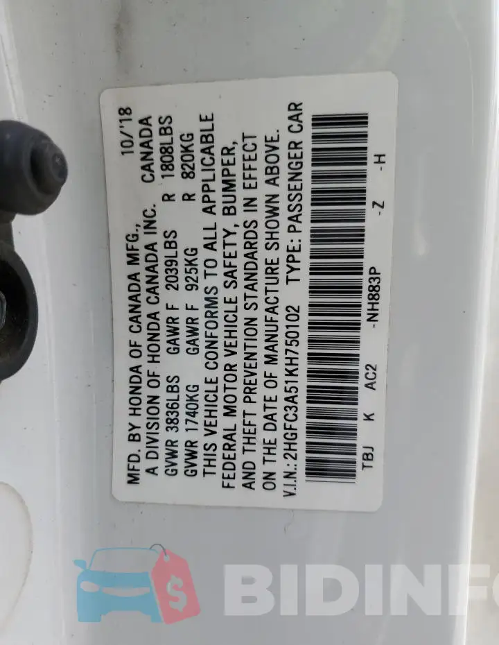2HGFC3A51KH750102 Photo# 12