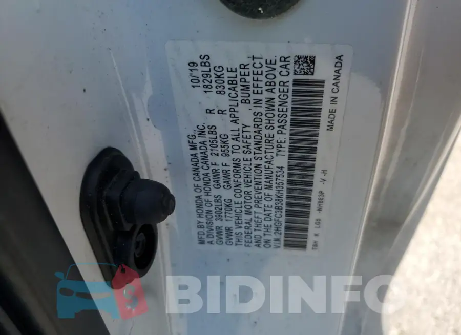 2HGFC3B38KH357534 Photo# 12