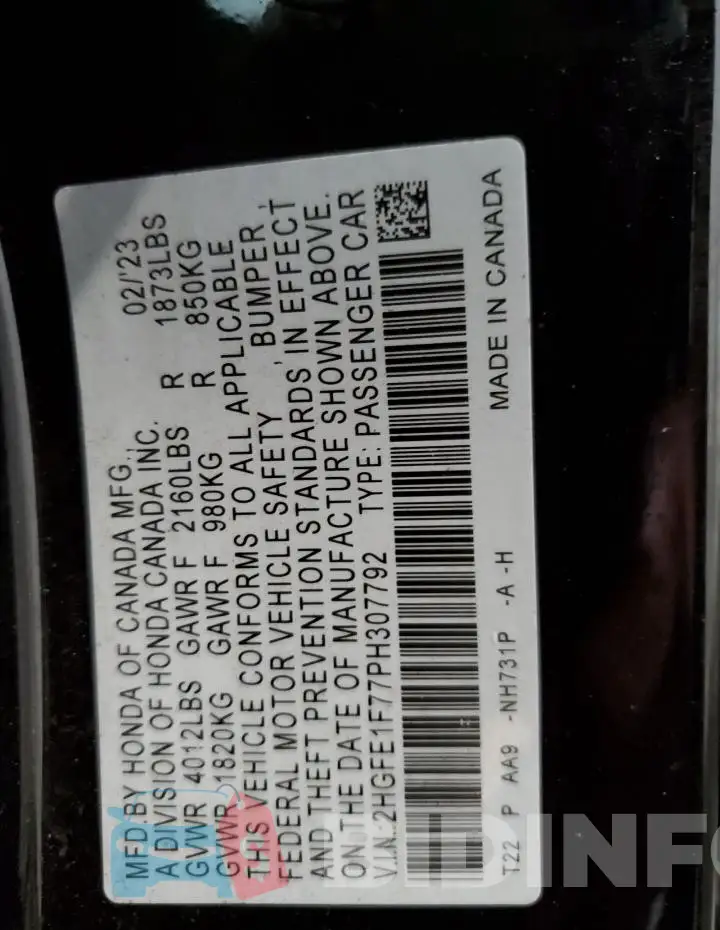 2HGFE1F77PH307792 Photo# 12