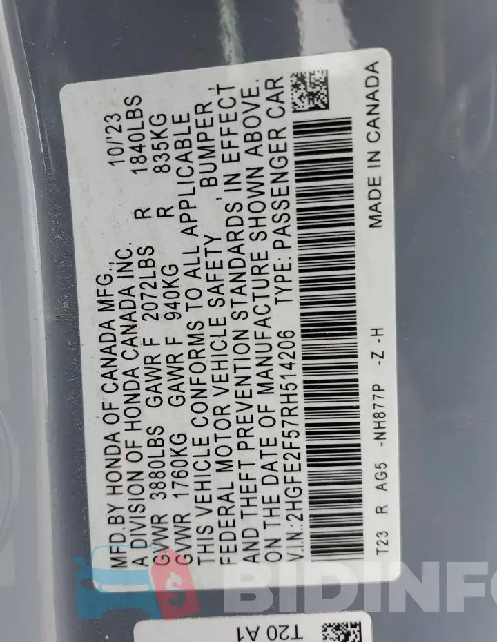 2HGFE2F57RH514206 Photo# 12