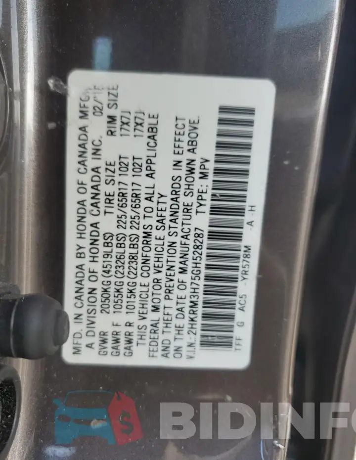 2HKRM3H75GH528287 Photo# 13