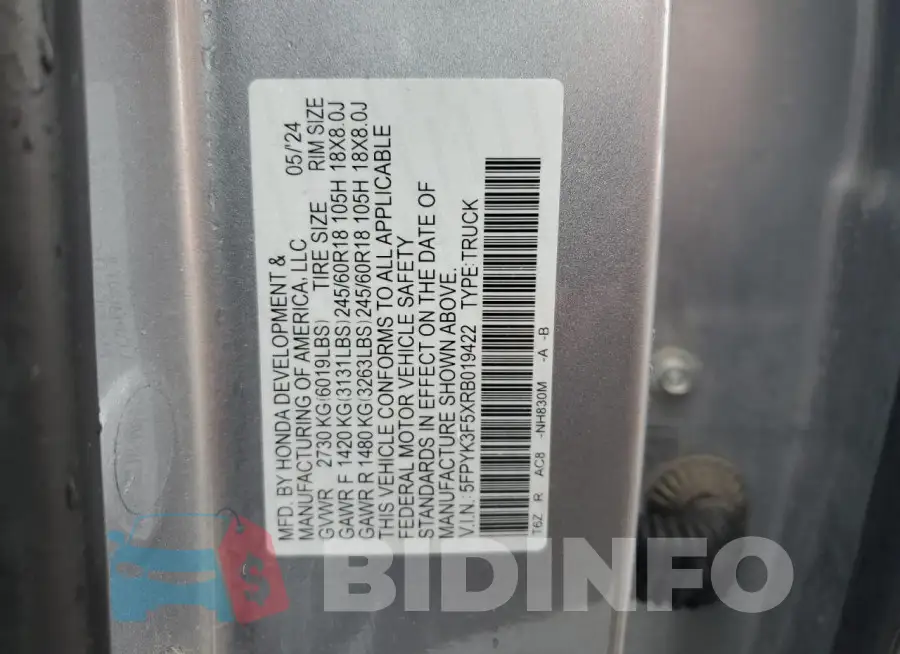 5FPYK3F5XRB019422 Photo# 12