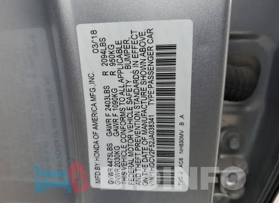 1HGCV2F52JA038341 Photo# 12