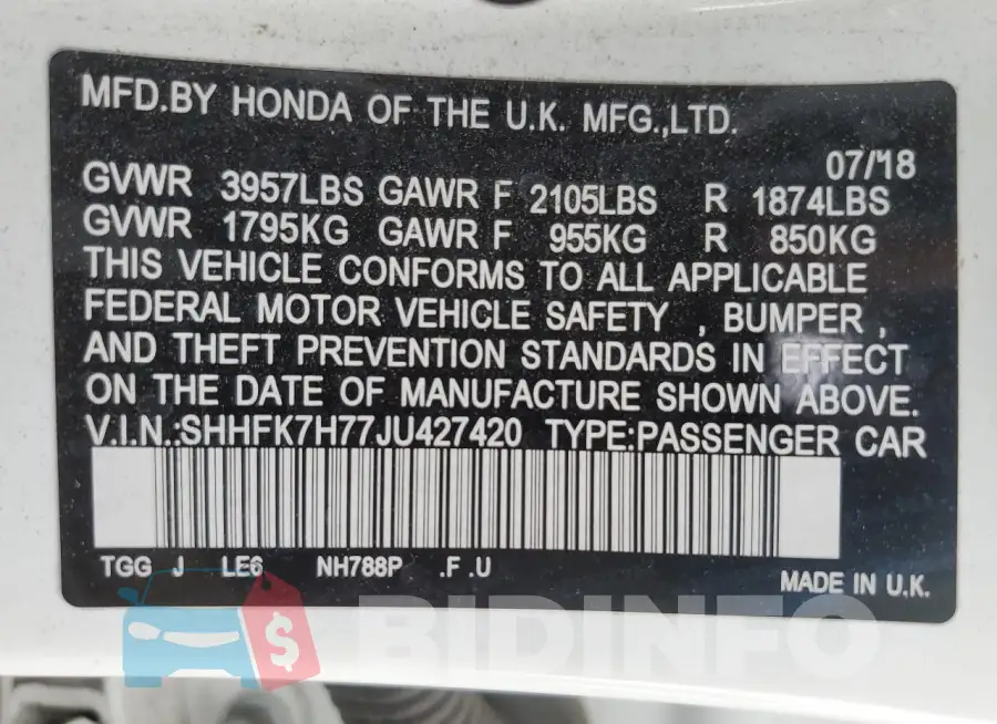 SHHFK7H77JU427420 Photo# 12