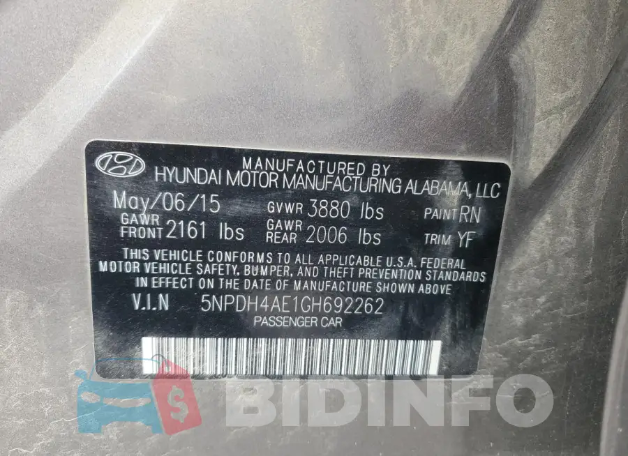 5NPDH4AE1GH692262 Photo# 12