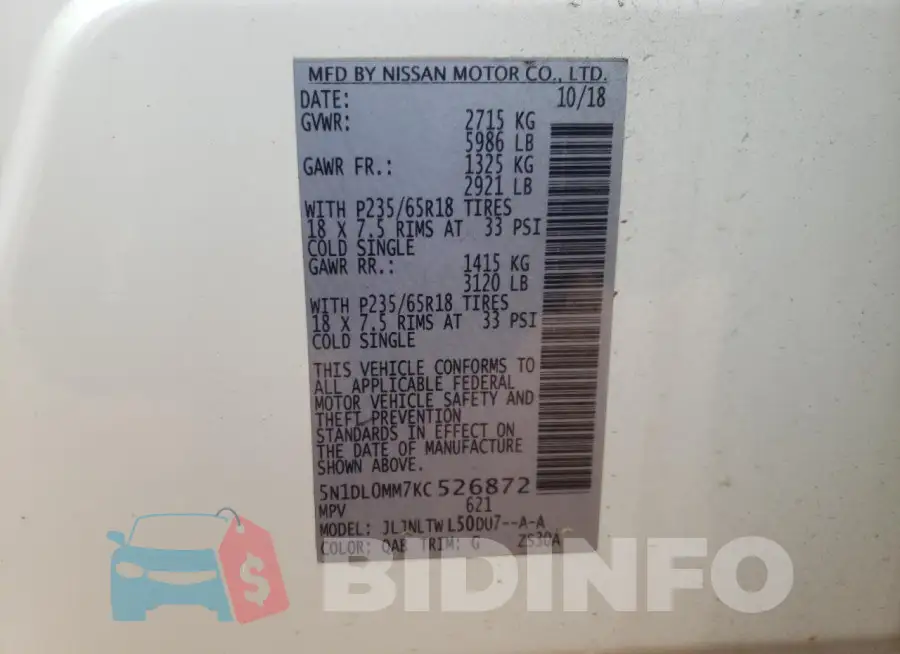 5N1DL0MM7KC526872 Photo# 13