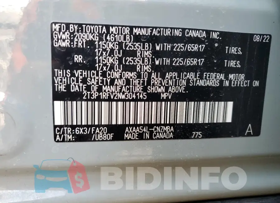2T3P1RFV2NW304145 Photo# 13