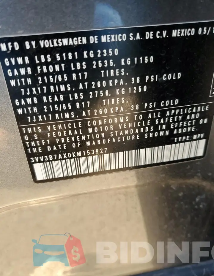 3VV3B7AX0KM153927 Photo# 13
