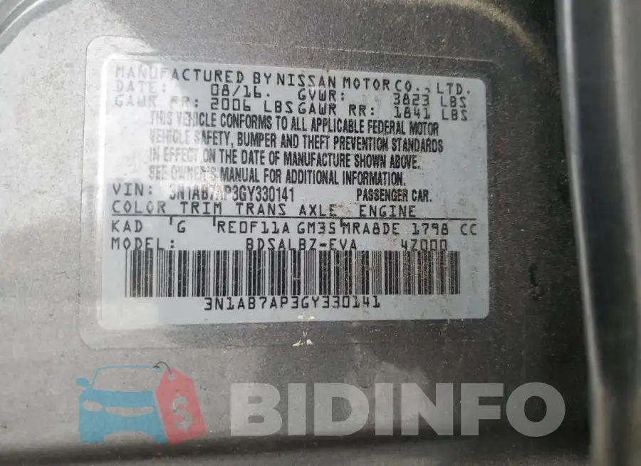 3N1AB7AP3GY330141 Photo# 12