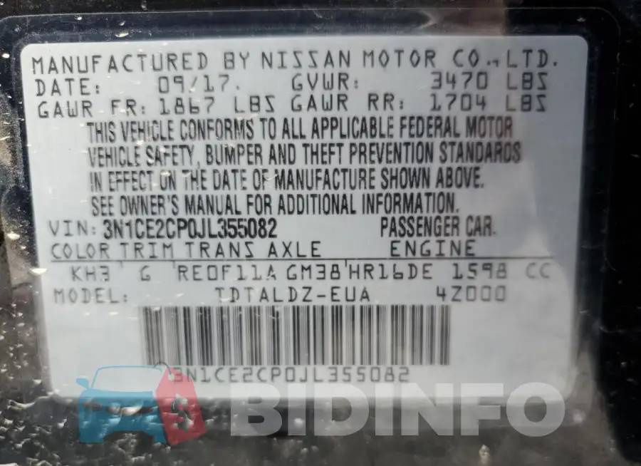 3N1CE2CP0JL355082 Photo# 12