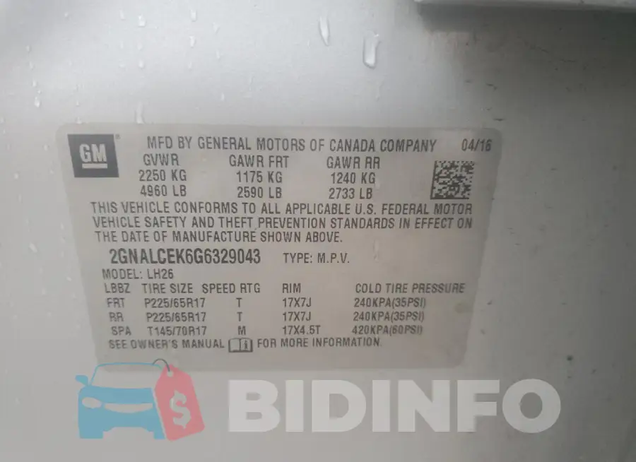 2GNALCEK6G6329043 Photo# 14