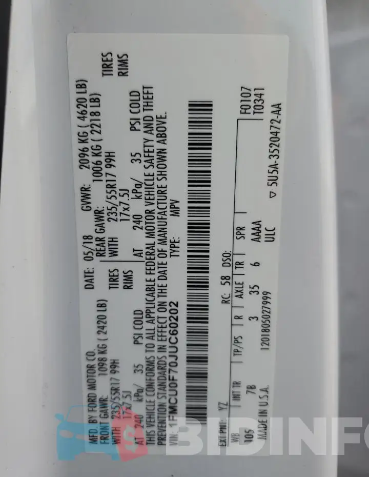 1FMCU0F70JUC60202 Photo# 14