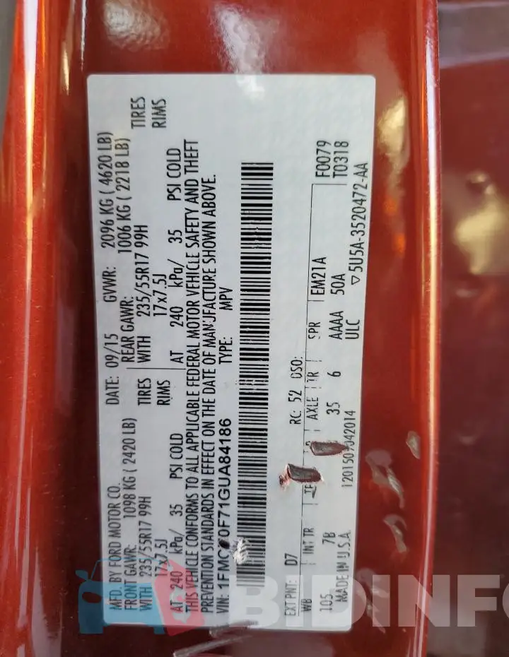 1FMCU0F71GUA84186 Photo# 12