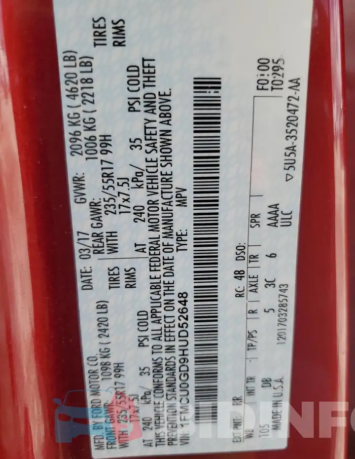 1FMCU0GD9HUD52648 Photo# 12