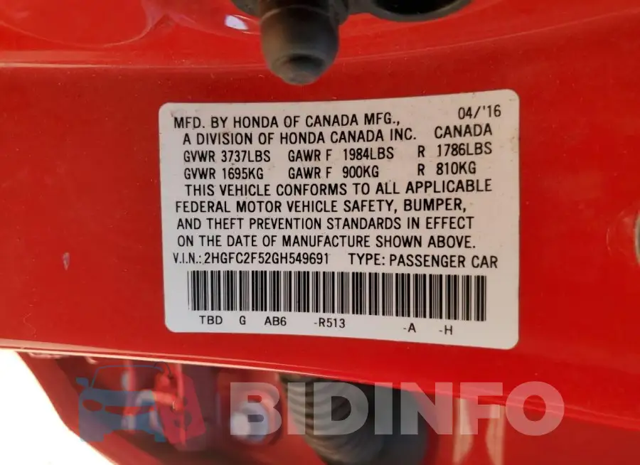 2HGFC2F52GH549691 Photo# 12