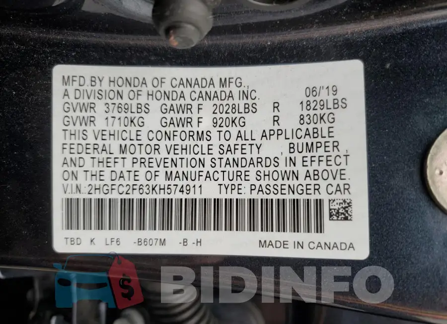 2HGFC2F63KH574911 Photo# 12
