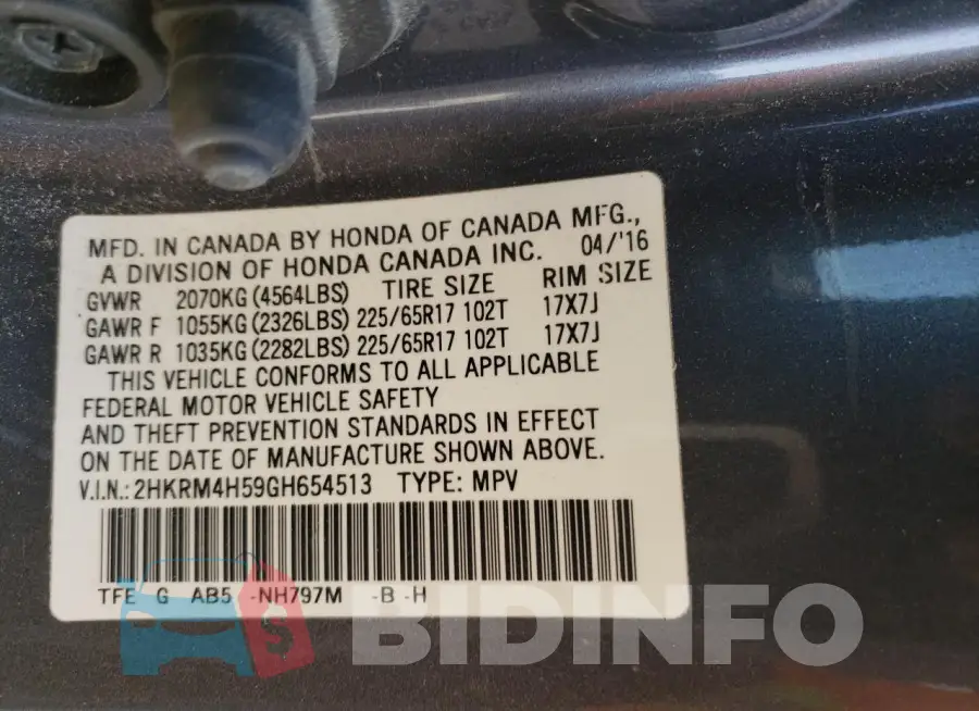 2HKRM4H59GH654513 Photo# 13