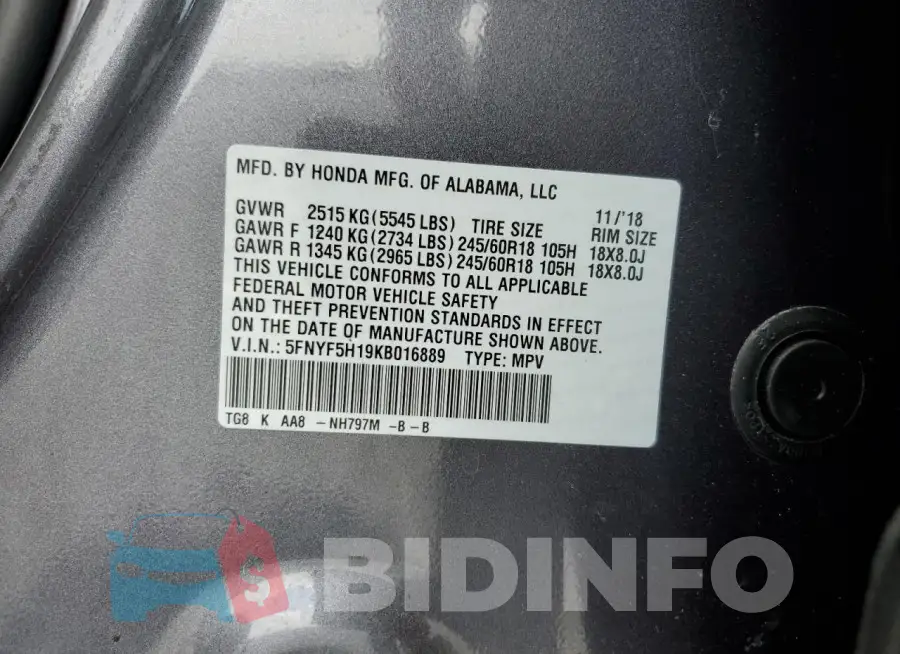 5FNYF5H19KB016889 Photo# 13