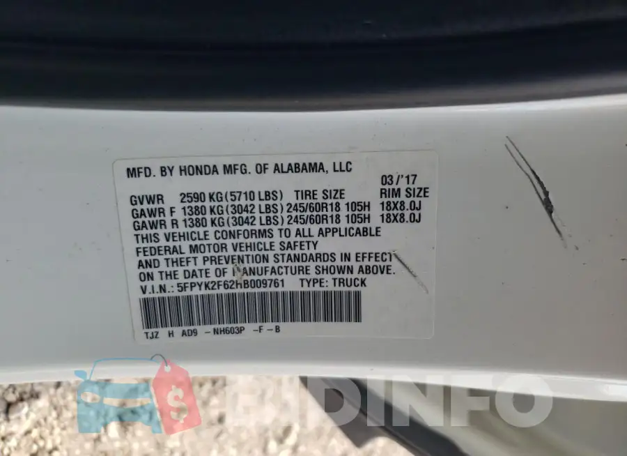 5FPYK2F62HB009761 Photo# 12