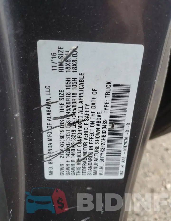 5FPYK3F28HB020489 Photo# 13